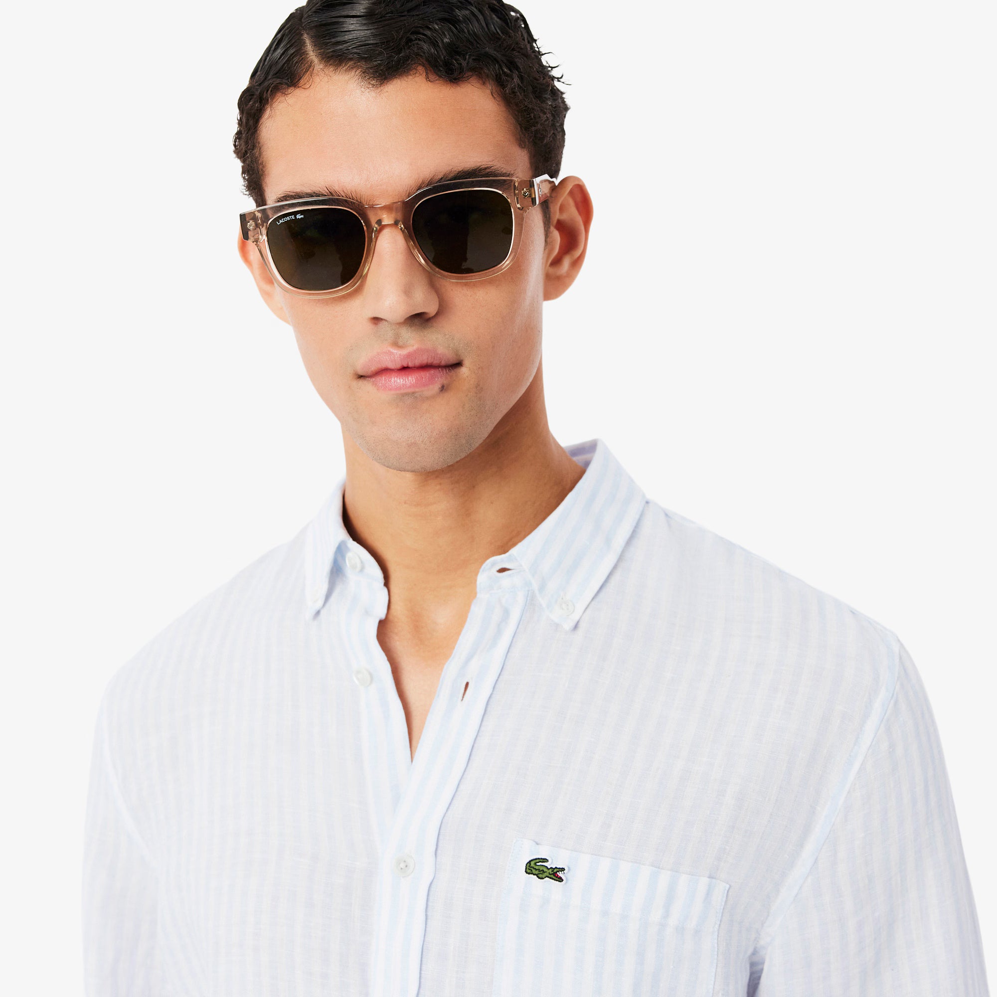 Lacoste miesten kauluspaita Reg Fit Striped Linen Shirt, raidallinen sininen