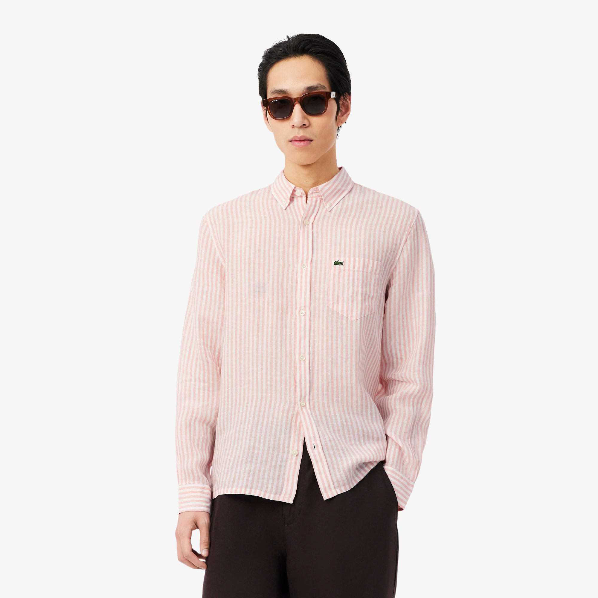 Lacoste miesten kauluspaita Reg Fit Striped Linen Shirt, raidallinen pinkki