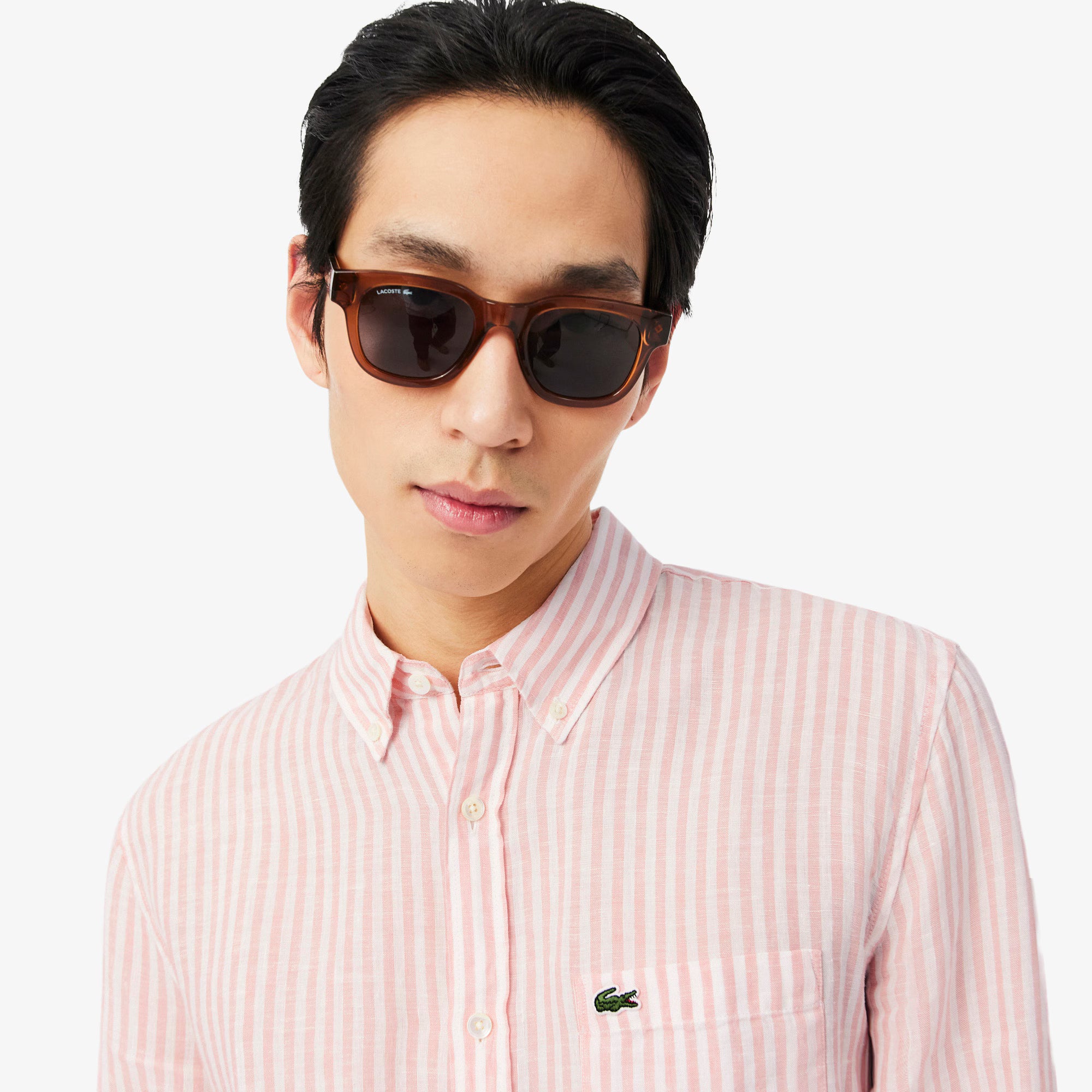 Lacoste miesten kauluspaita Reg Fit Striped Linen Shirt, raidallinen pinkki