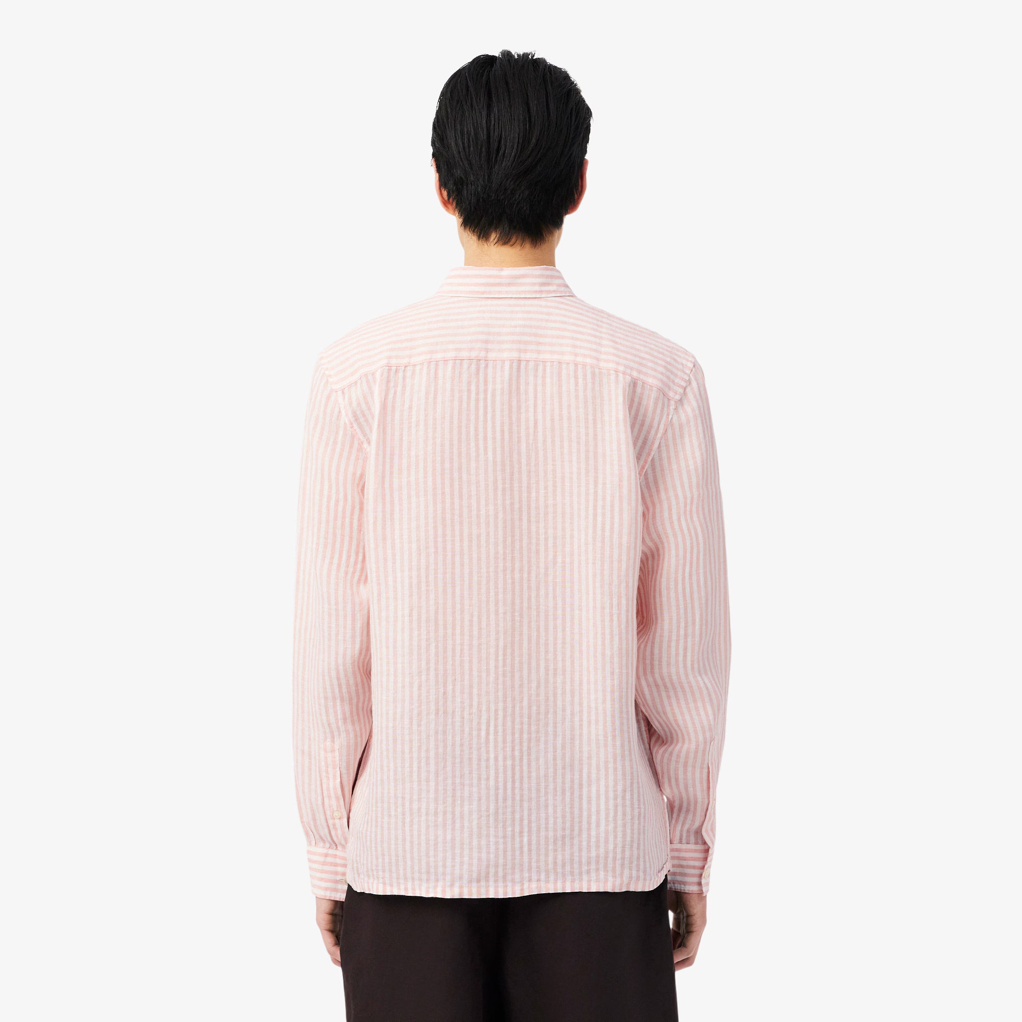 Lacoste miesten kauluspaita Reg Fit Striped Linen Shirt, raidallinen pinkki