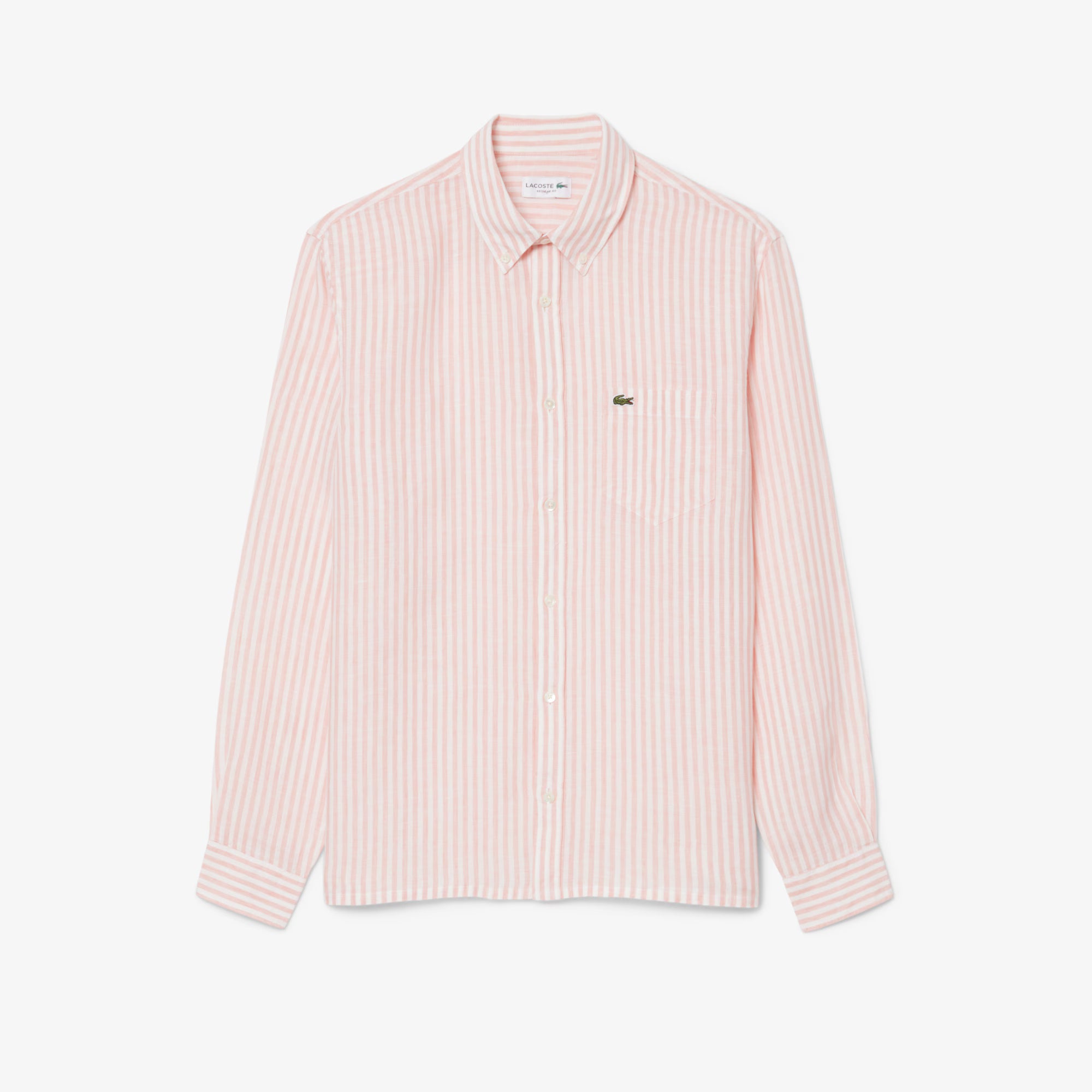 Lacoste miesten kauluspaita Reg Fit Striped Linen Shirt, raidallinen pinkki