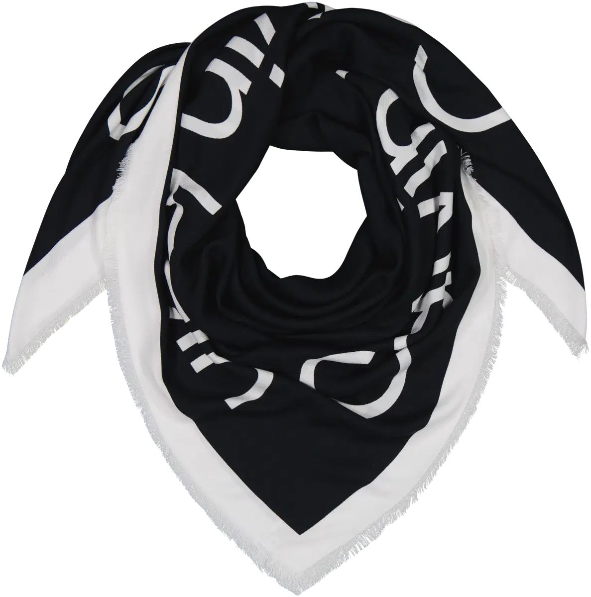 Calvin Klein Accessories huivi K-Contrast Logo Jacquard Scarf, musta kuosi, on mustapohjainen, valkoisin kirjainkuvioin koristeltu ja frillareunainen yksivärinen huivi.