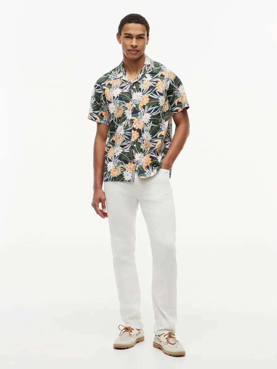 Tommy Hilfiger miesten lyhythihainen kauluspaita Tropical Print Linen Short Sleeve Shirt, vihreä kuosi