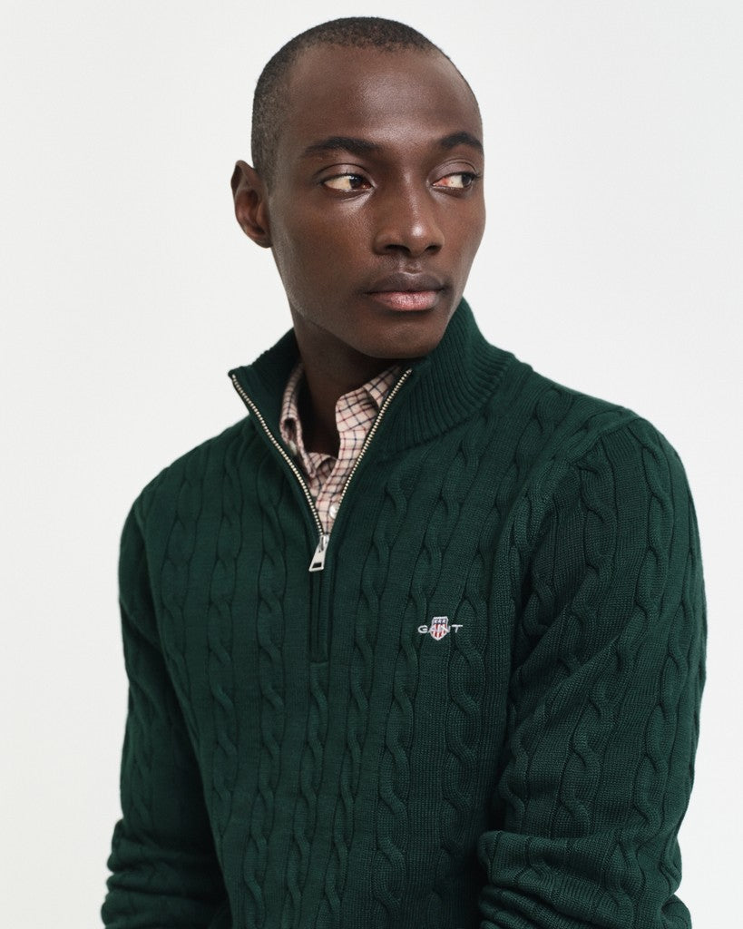 Gant miesten neulepusero Cotton Cable Knit Half-Zip Sweater, Tartan Green