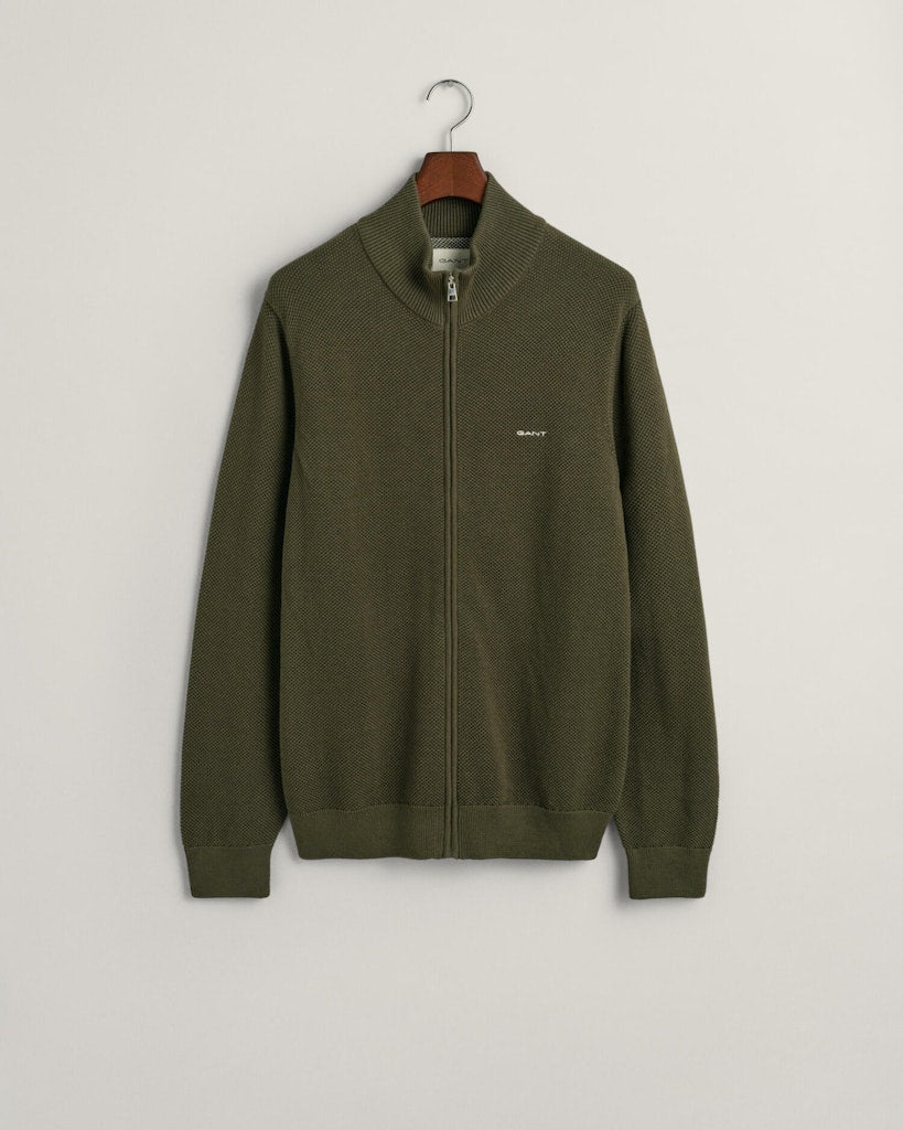Gant miesten neuletakki K Cotton Pique Zip Cardigan, khaki