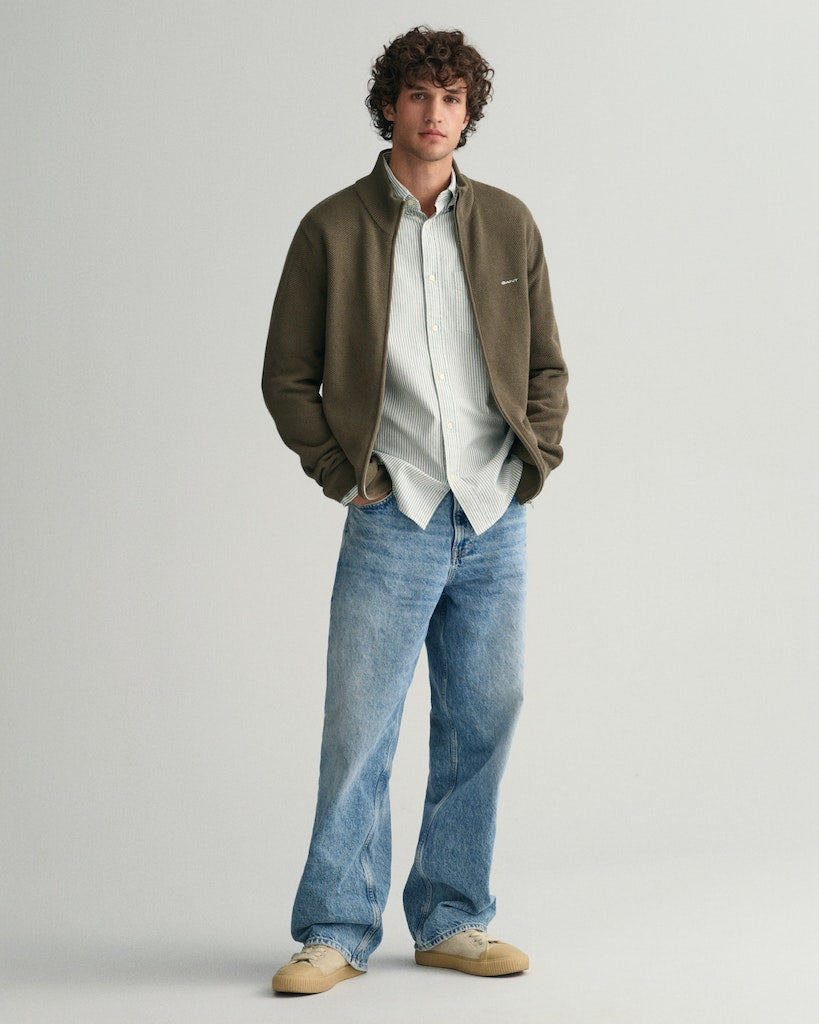 Gant miesten neuletakki K Cotton Pique Zip Cardigan, khaki