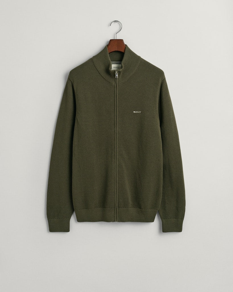 Gant miesten neuletakki K Cotton Pique Zip Cardigan, khaki