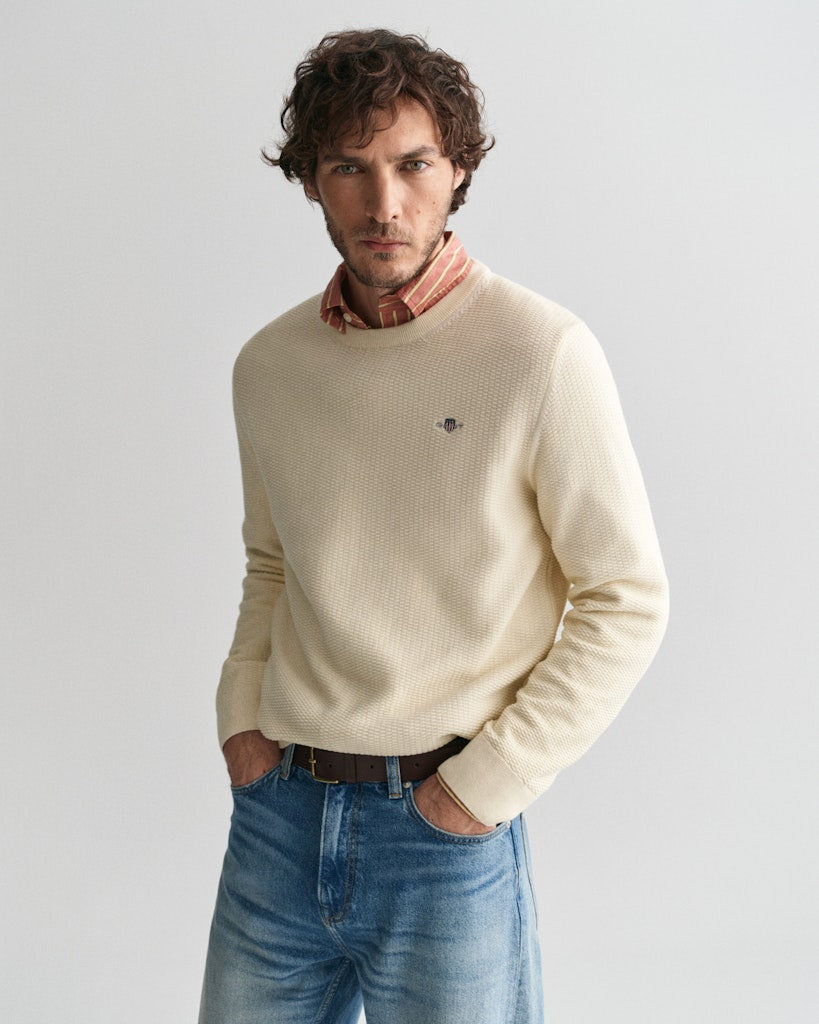 Gant miesten neuleusero, K COTTON MICRO TEXTURED C-NECK LUONNONVALKOINEN