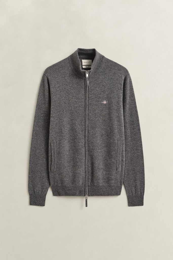 Gant miesten neuletakki Superfine Lambswool Zip Cardigan, Charcoal Melange