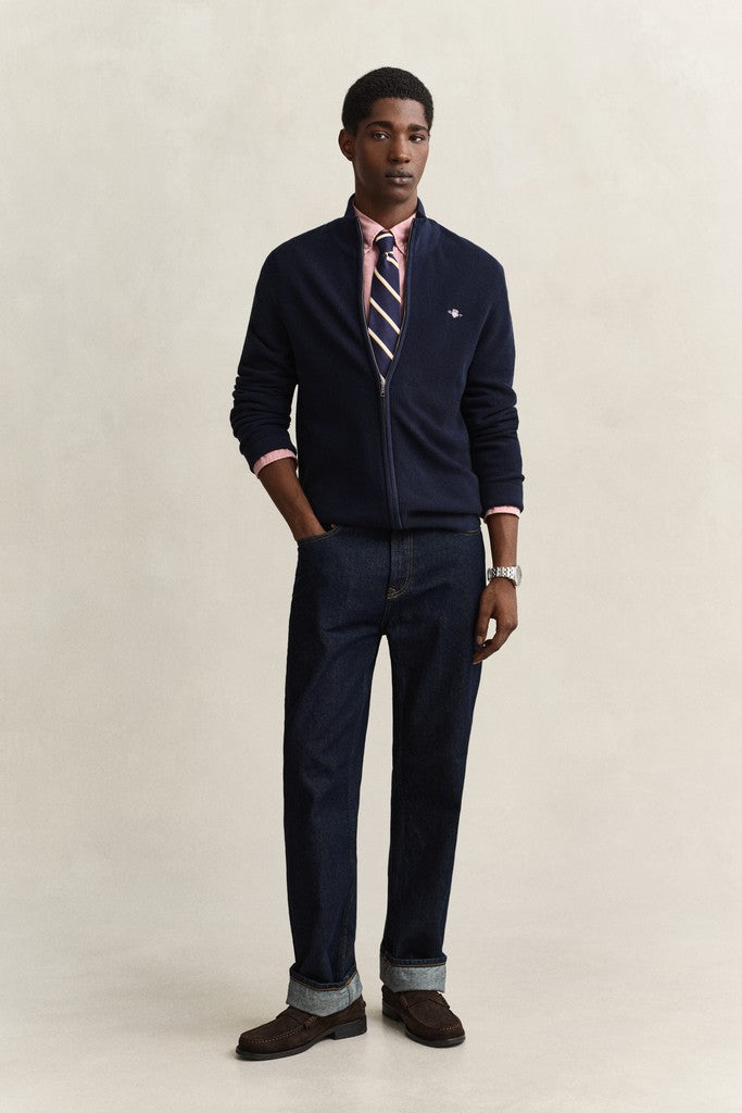 Gant miesten neuletakki Micro Textured Cotton Zip Cardigan, tummansininen