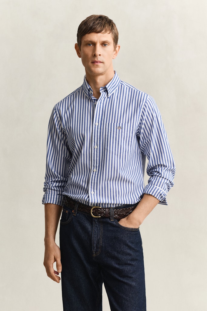 Gant miesten kauluspaita Regular Fit Classic Striped Poplin Shirt, raidallinen sininen
