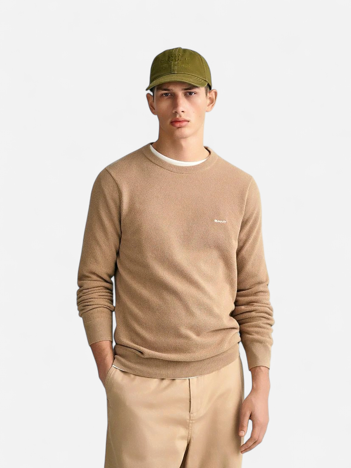 Gant miesten neulepusero Cotton Pique C-Neck, khaki - Kekäle.fi
