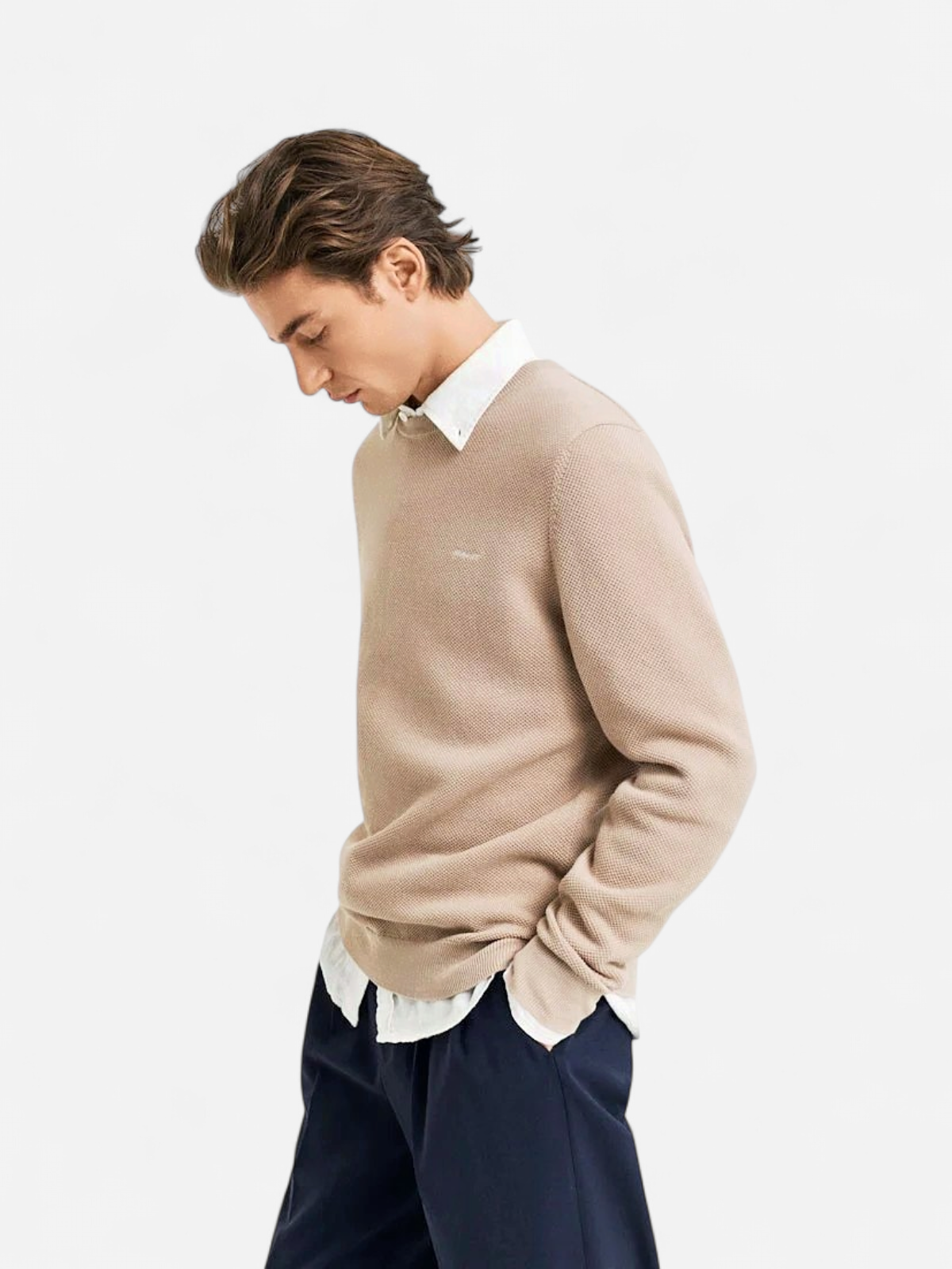 Gant miesten neulepusero K Cotton Pique C-Neck, ruskeanharmaa - Kekäle.fi
