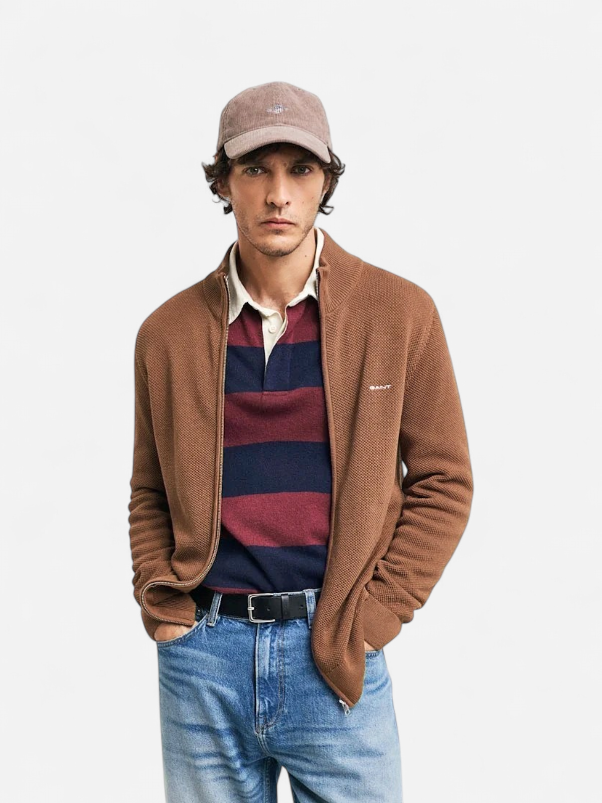 Gant miesten neuletakki K Cotton Pique Zip Cardigan, harmaanruskea - Kekäle.fi