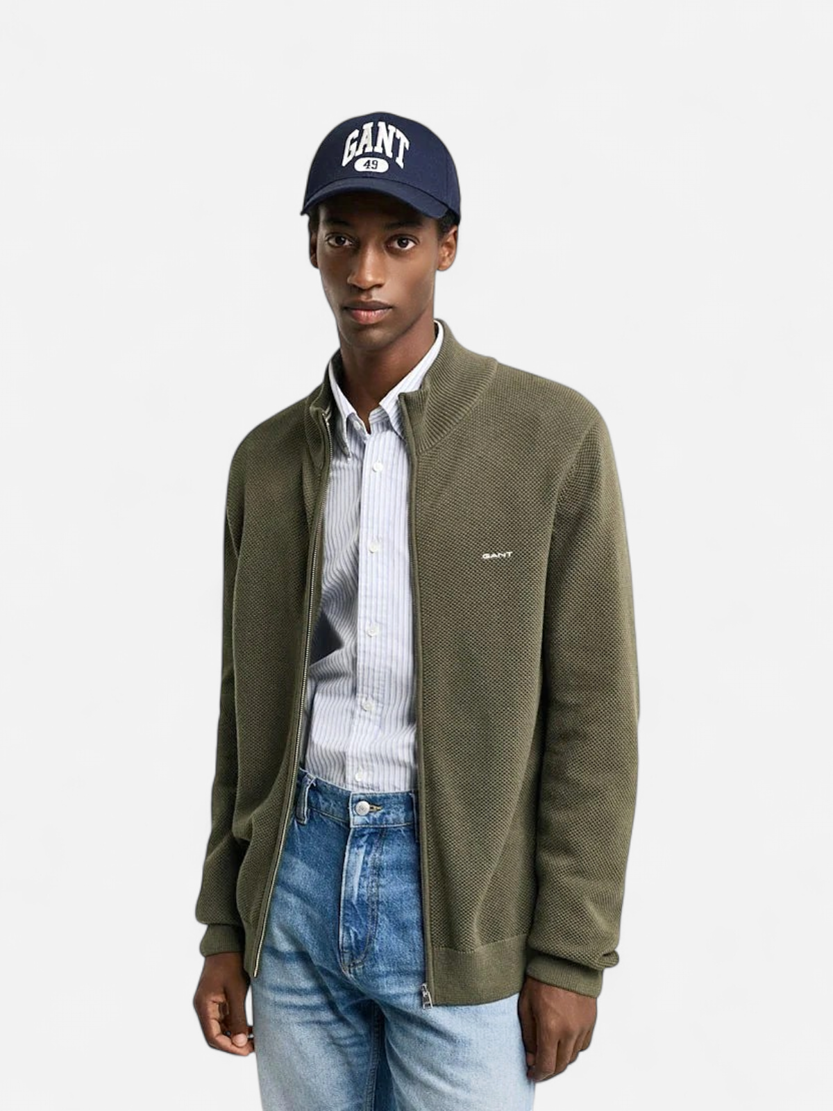 Gant miesten neuletakki K Cotton Pique Zip Cardigan, khaki - Kekäle.fi