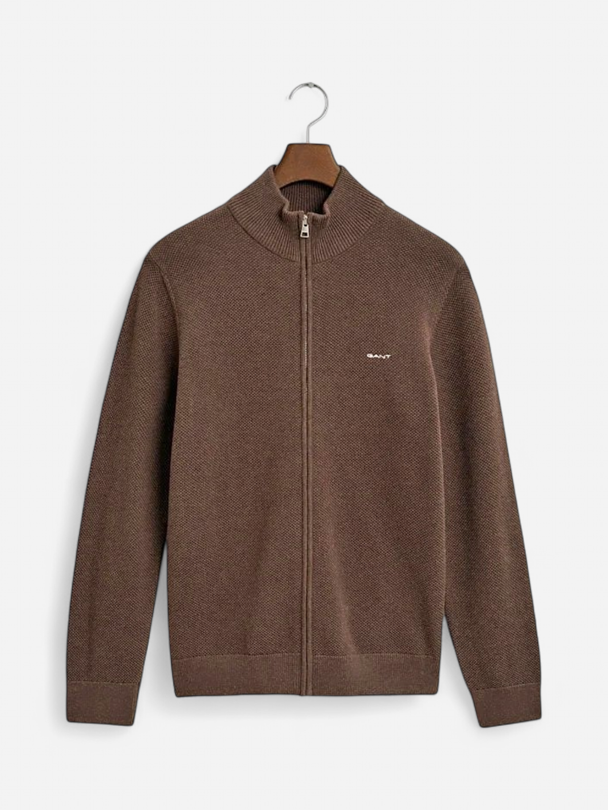 Gant miesten neuletakki K Cotton Pique Zip Cardigan, tummanruskea - Kekäle.fi