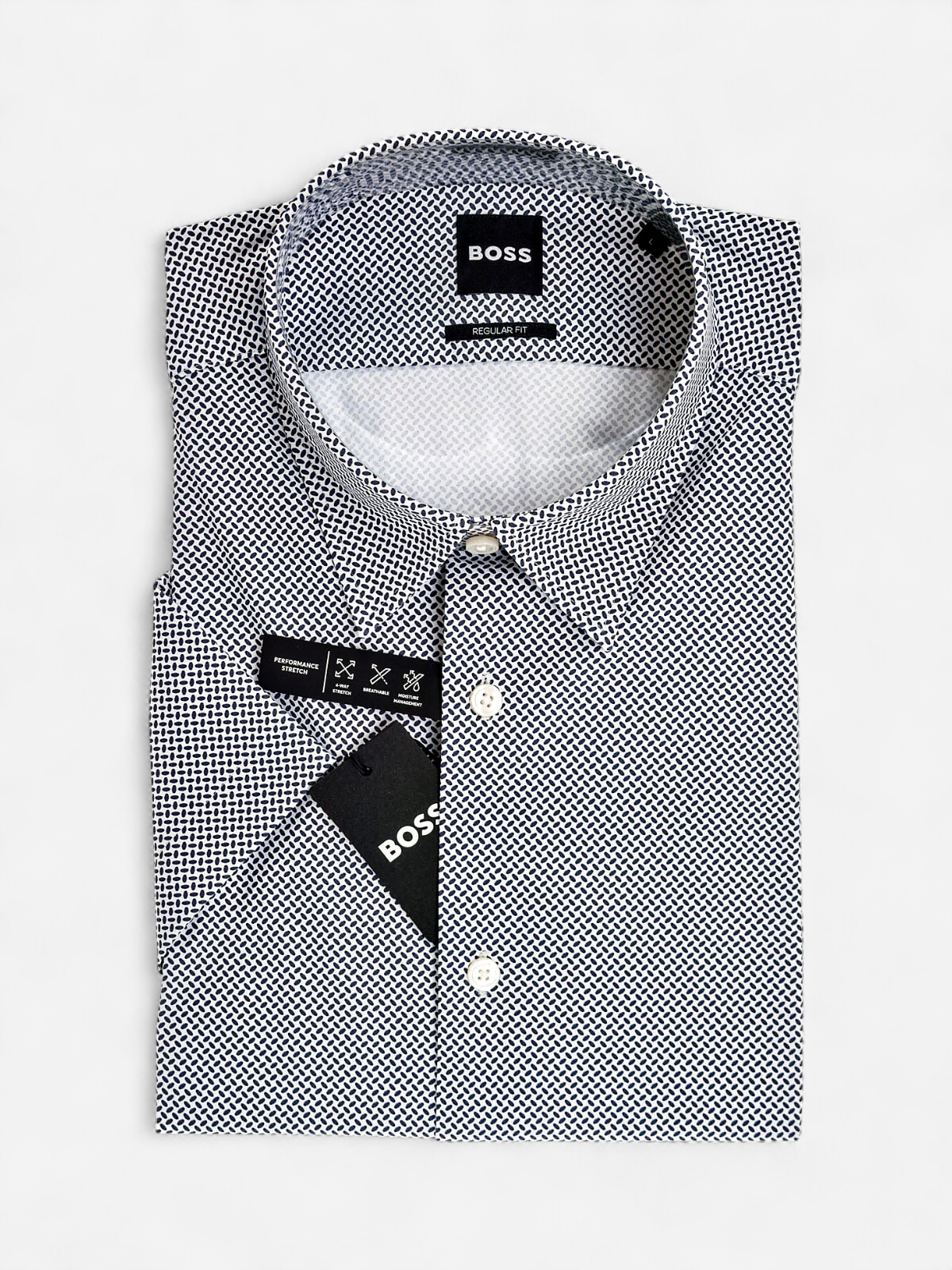 Hugo Boss lyhythihainen kauluspaita P-Liam-K-SH-F-26 Performance Strech, valkopohjainen kuosi - Kekäle.fi