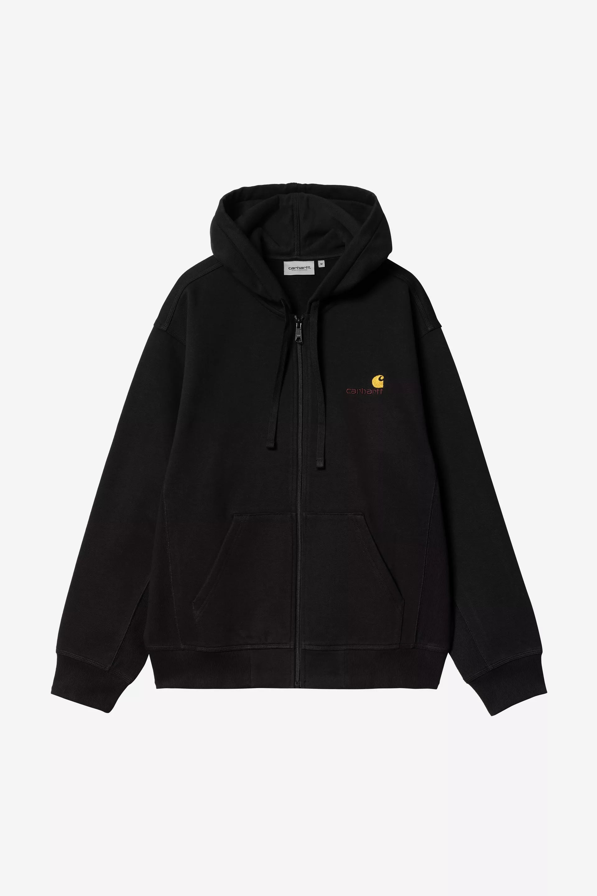 Carhartt miesten huppari Hooded American Script Jacket, musta, musta vetoketjullinen huppari jossa edessä taskut, säädettävä hupun nyöri ja pienellä logolla koristeltu rintamusta.