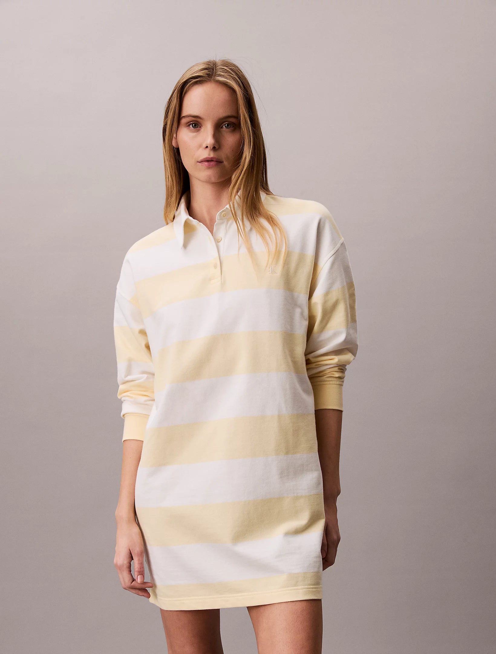 Calvin Klein Jeans naisten paitamekko LS Varsity Stripe Mini Polo Dress, raidallinen keltainen
