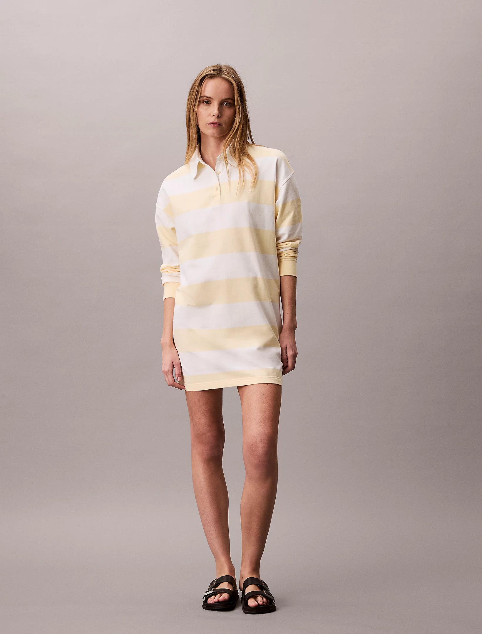 Calvin Klein Jeans naisten paitamekko LS Varsity Stripe Mini Polo Dress, raidallinen keltainen