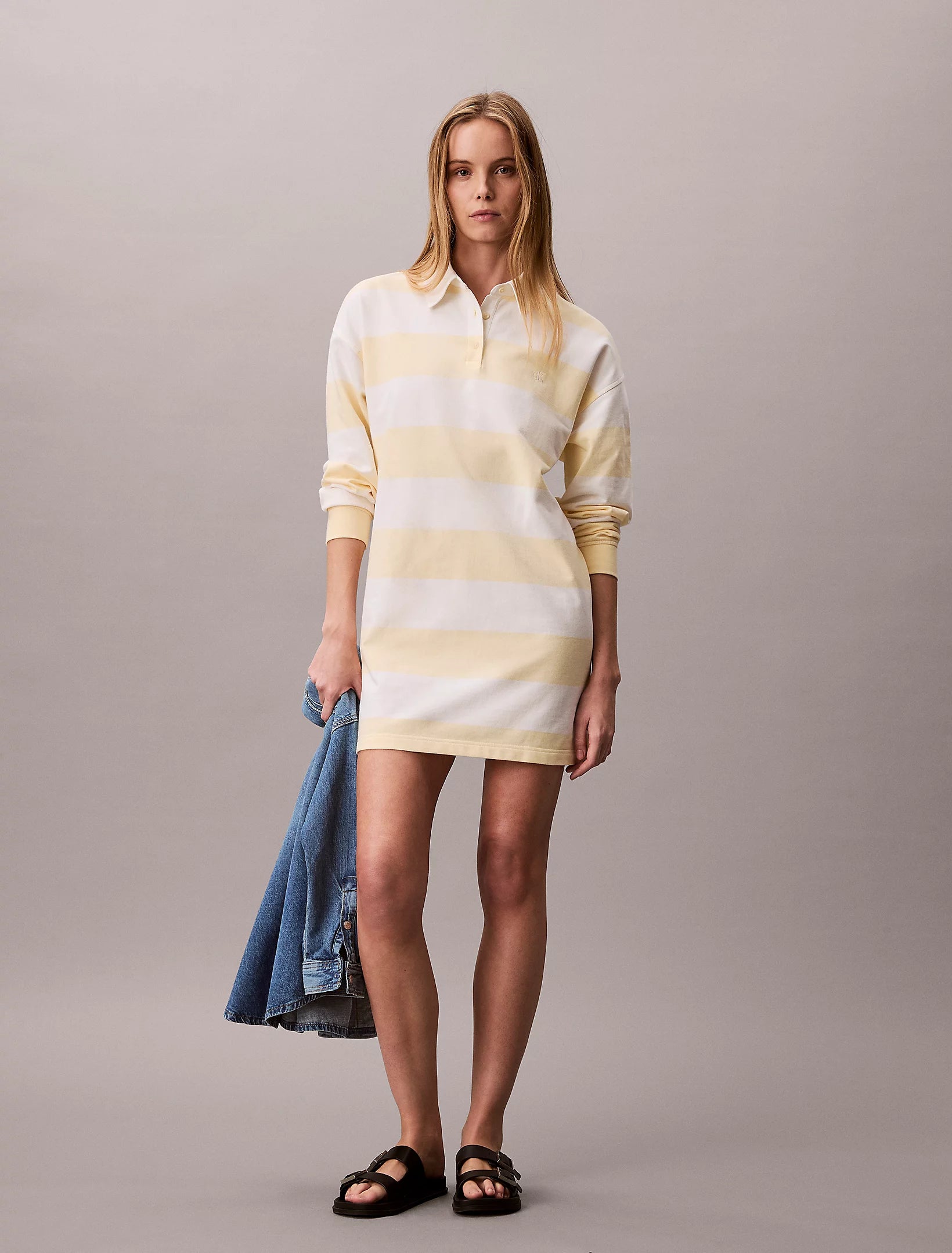 Calvin Klein Jeans naisten paitamekko LS Varsity Stripe Mini Polo Dress, raidallinen keltainen