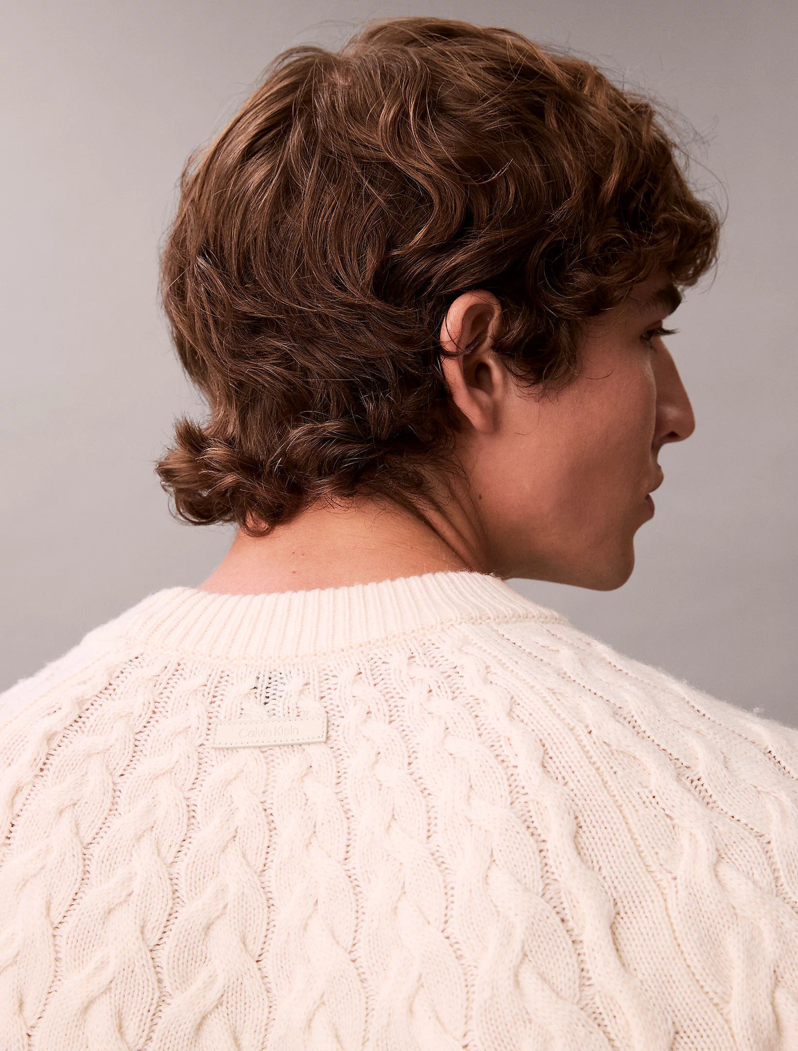 Calvin Klein Menswear miesten neulepaita LS LAMBSWOOL BLENDCABLE CREWNK, luonnonvalkoinen