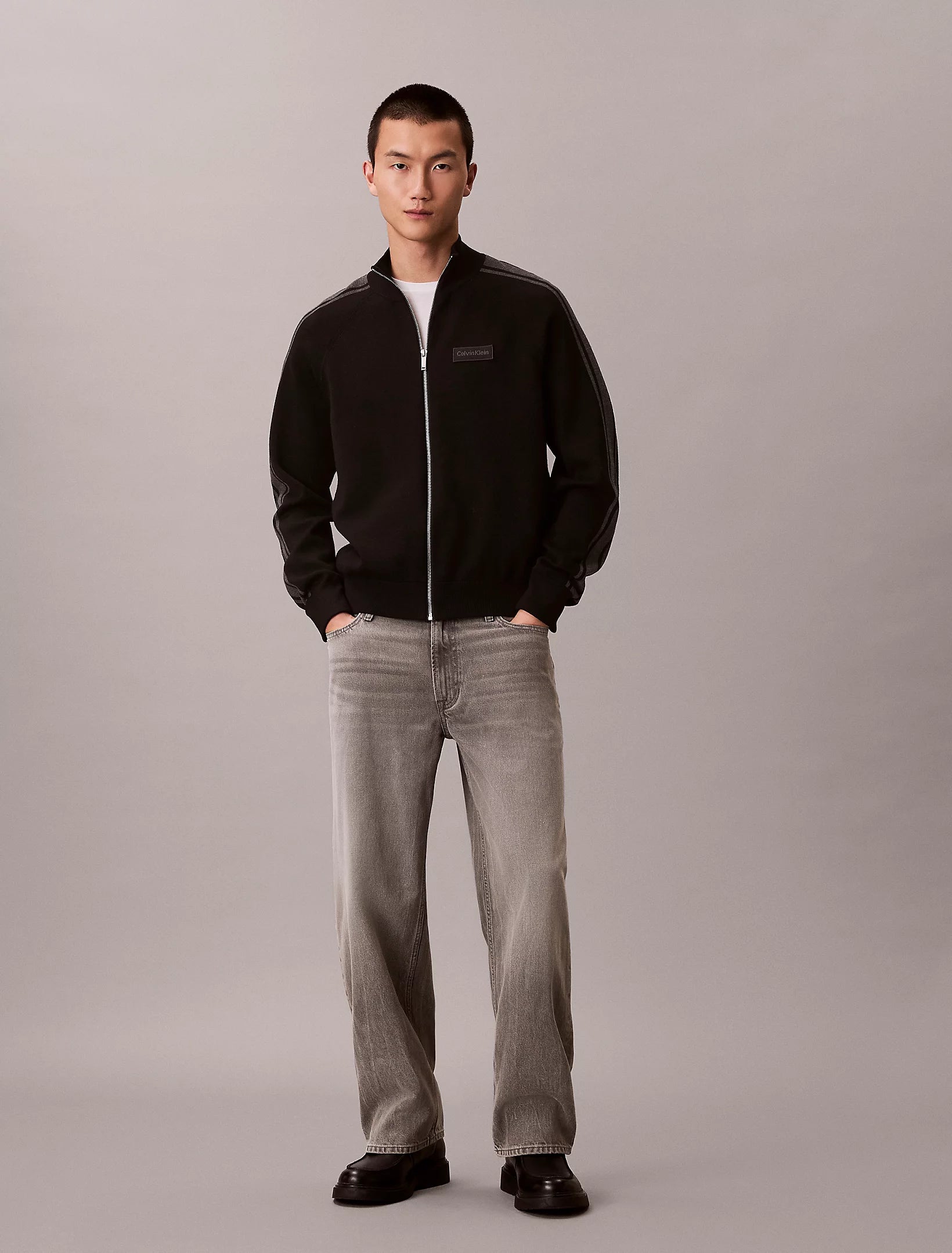 Calvin Klein miesten neuletakki LS Tech Knit Track Jacket FZ SWT, musta