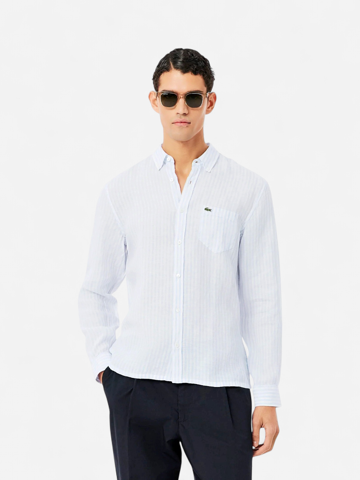 Lacoste miesten kauluspaita Reg Fit Striped Linen Shirt, raidallinen sininen - Kekäle.fi