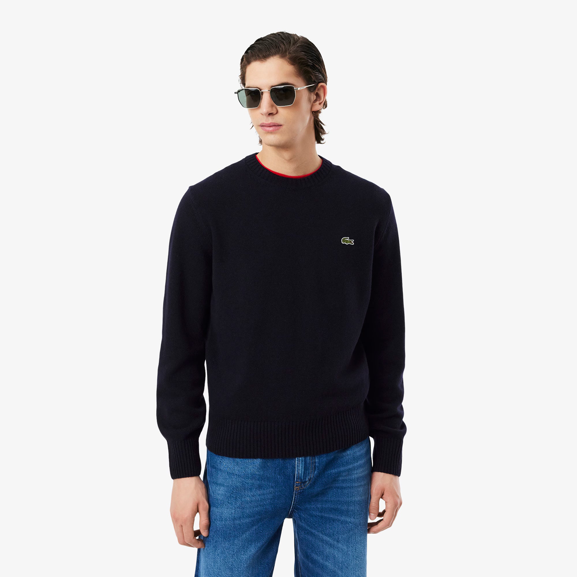 Lacoste miesten neulepusero K MONOCHROME CARDED WOOL NECK SWEATER, tummansininen