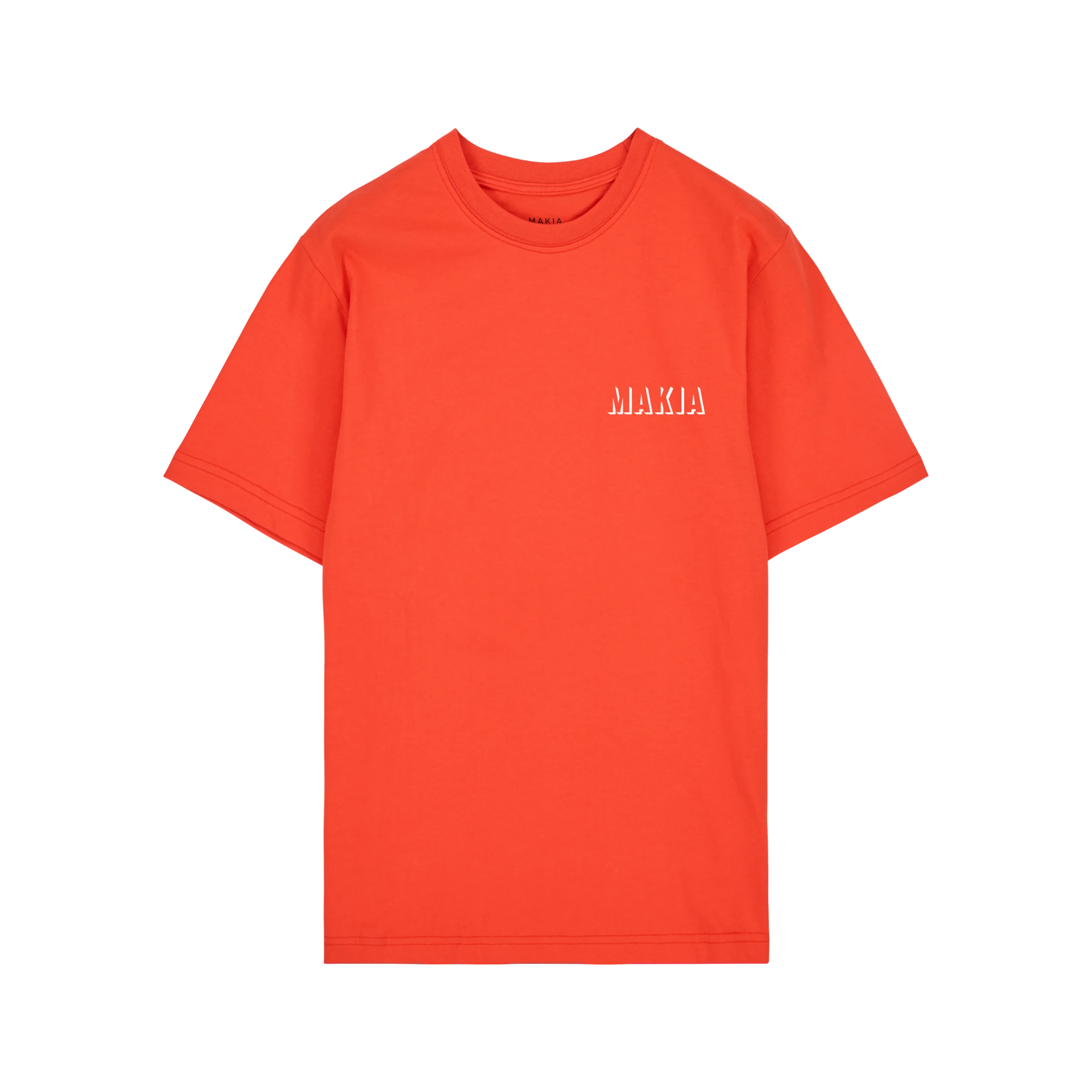 Makia miesten t-paita Shade T-shirt, punainen, suoraleikkauksella ja lyhyillä hihoilla, yksivärinen kirkaspunainen materiaali ja rinnassa pieni valkoinen painatus.