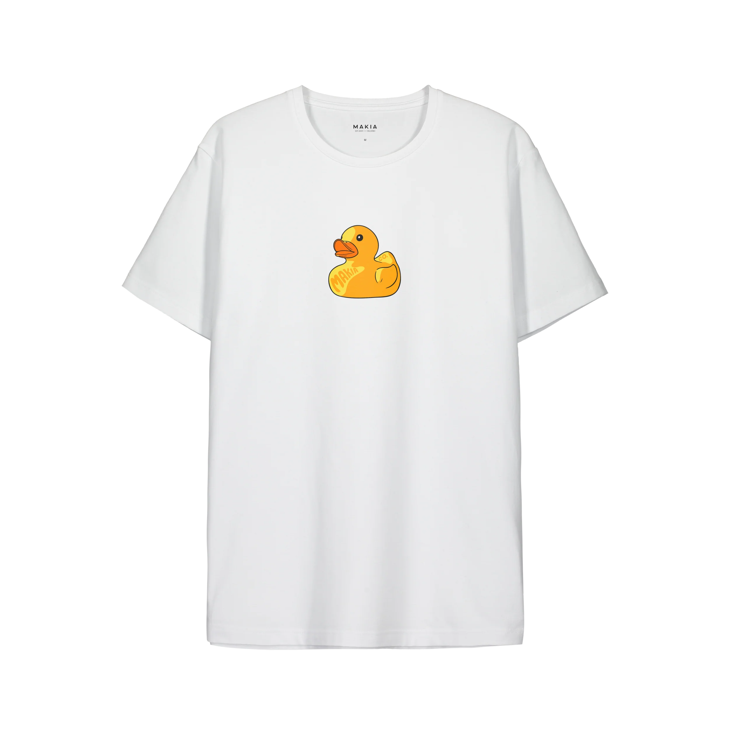 Makia miesten t-paita Replica T-Shirt, Valkoinen, jossa on pyöreä pääntie, lyhyet hihat ja edessä pieni, oranssin ja keltaisen sävyinen ankka-kuvio, valmistettu laadukkaasta materiaalista.