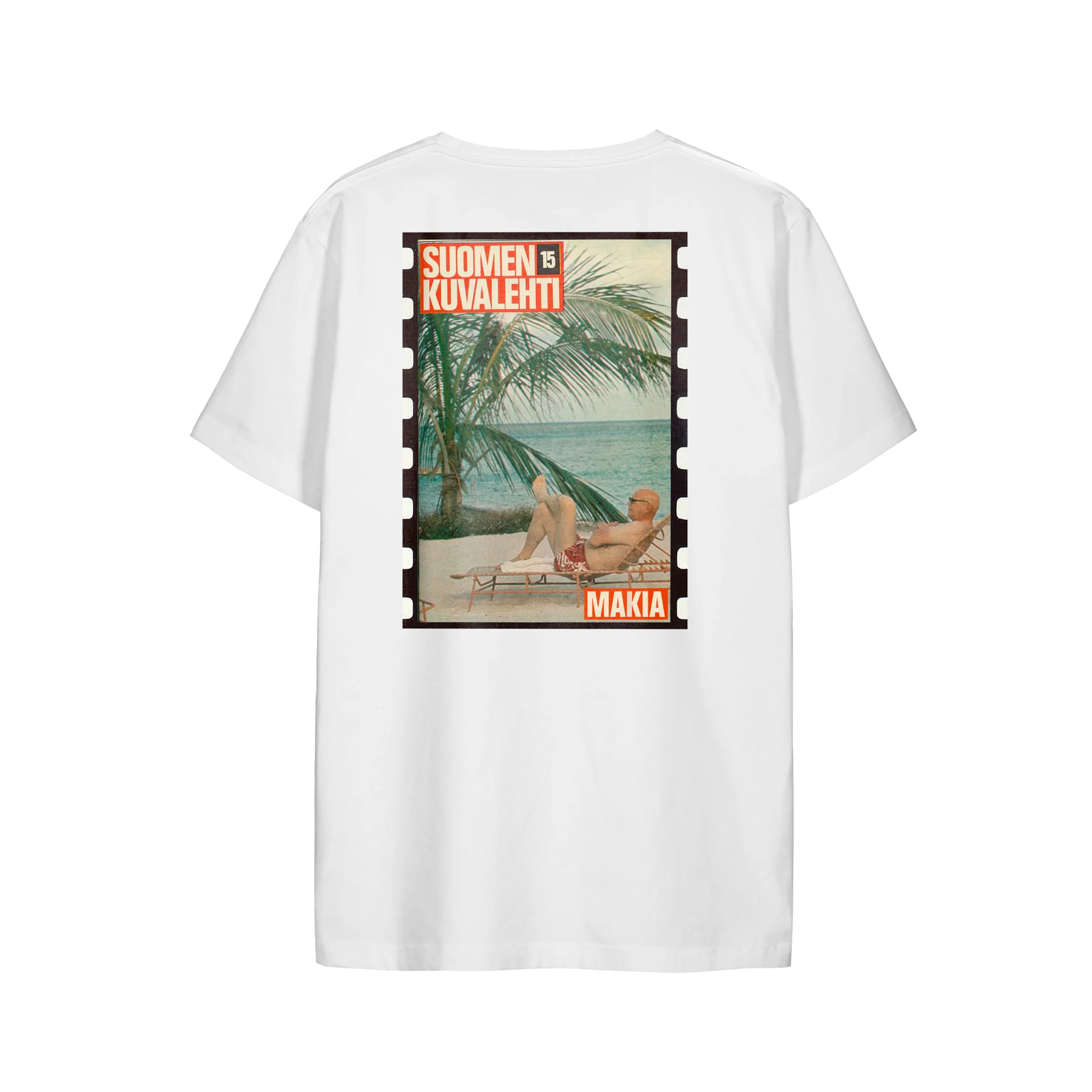 Makia miesten t-paita Kekkonen T-Shirt, valkoinen, lyhythihainen ja suoraleikkauksinen malli, jossa selässä vintage-tyylinen kuvitus, kevyttä ja laadukasta puuvillaa.