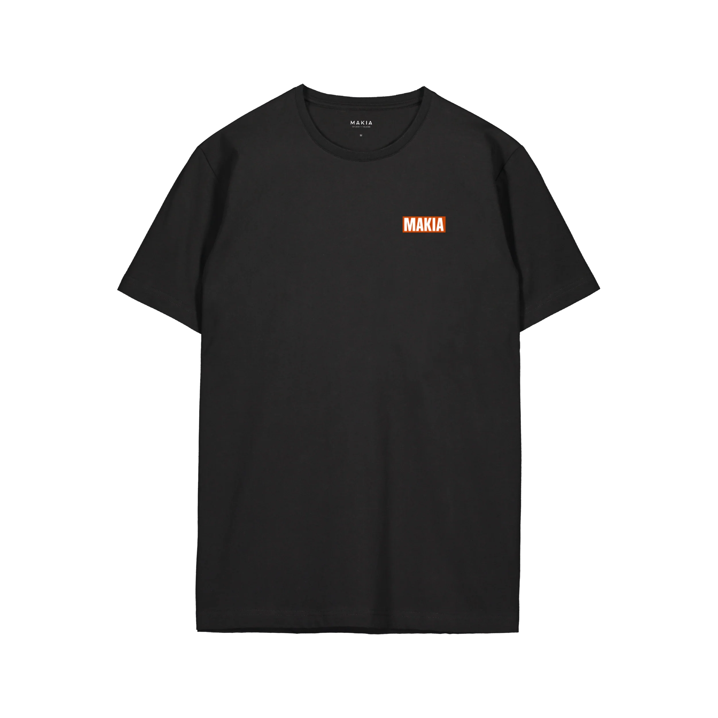 Makia miesten t-paita Kekkonen T-Shirt, musta, suoraleikkauksella, pyöreällä pääntiellä ja lyhyillä hihoilla, pienellä oranssilla logopainatuksella rinnassa, valmistettu laadukkaasta puuvillasta.