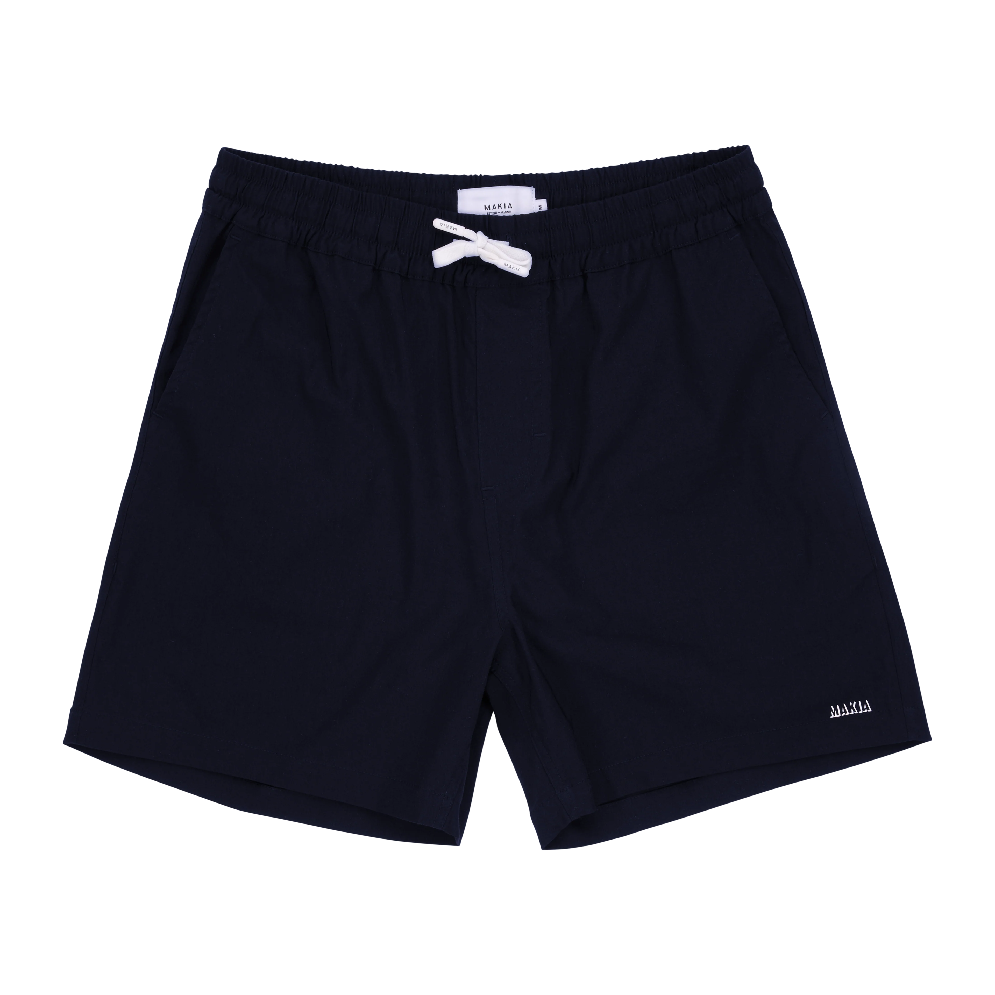 Makia miesten shortsit Shadow Hybrid Shorts, tummansininen, suoraleikkaukset, kuminauhakantilla ja valkoisella solmimisnauhalla, materiaali kestävää ja laadukasta.