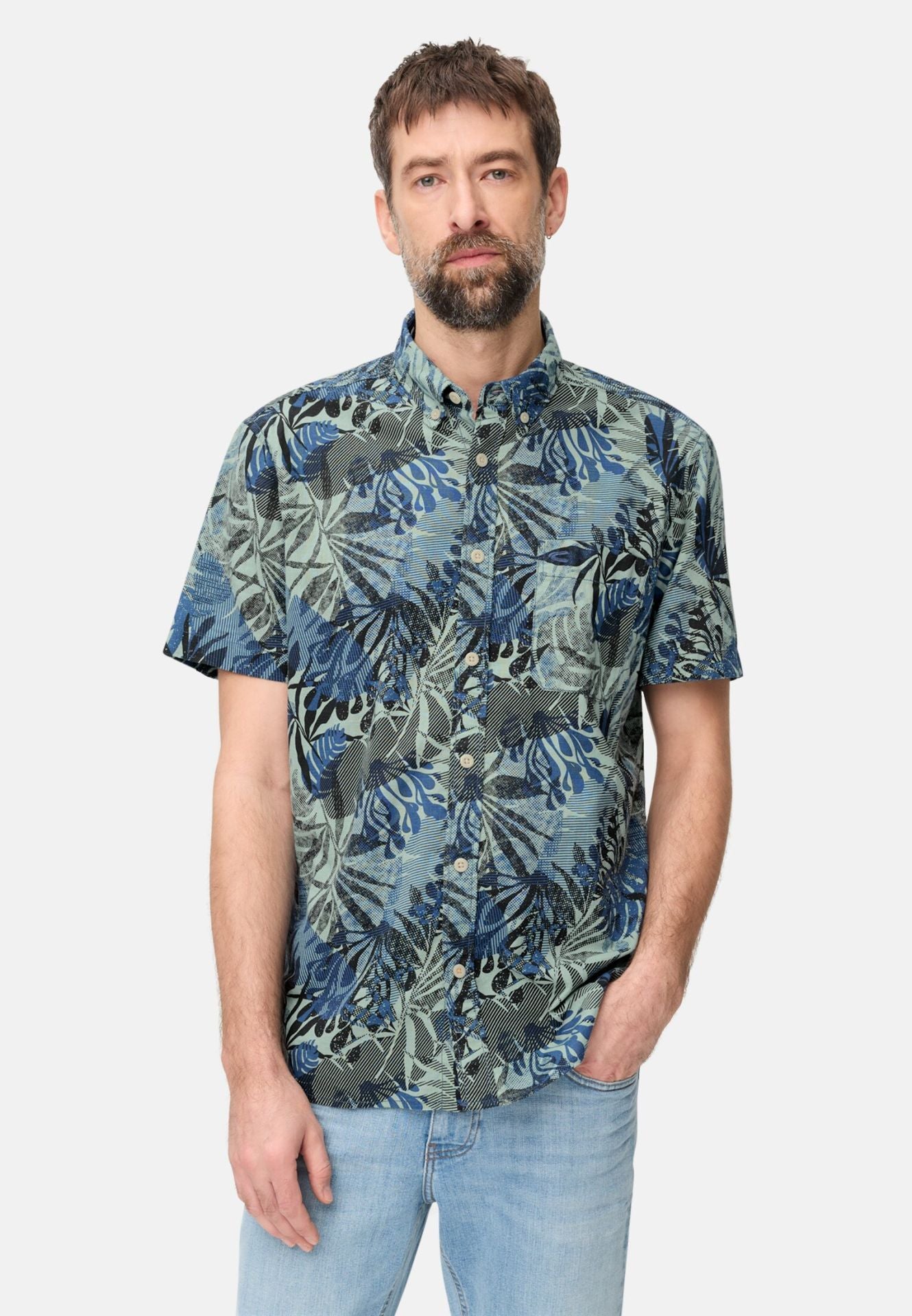 Camel Active miesten lyhythihainen kauluspaita Print SS Shirt LOS, sininen kuosi