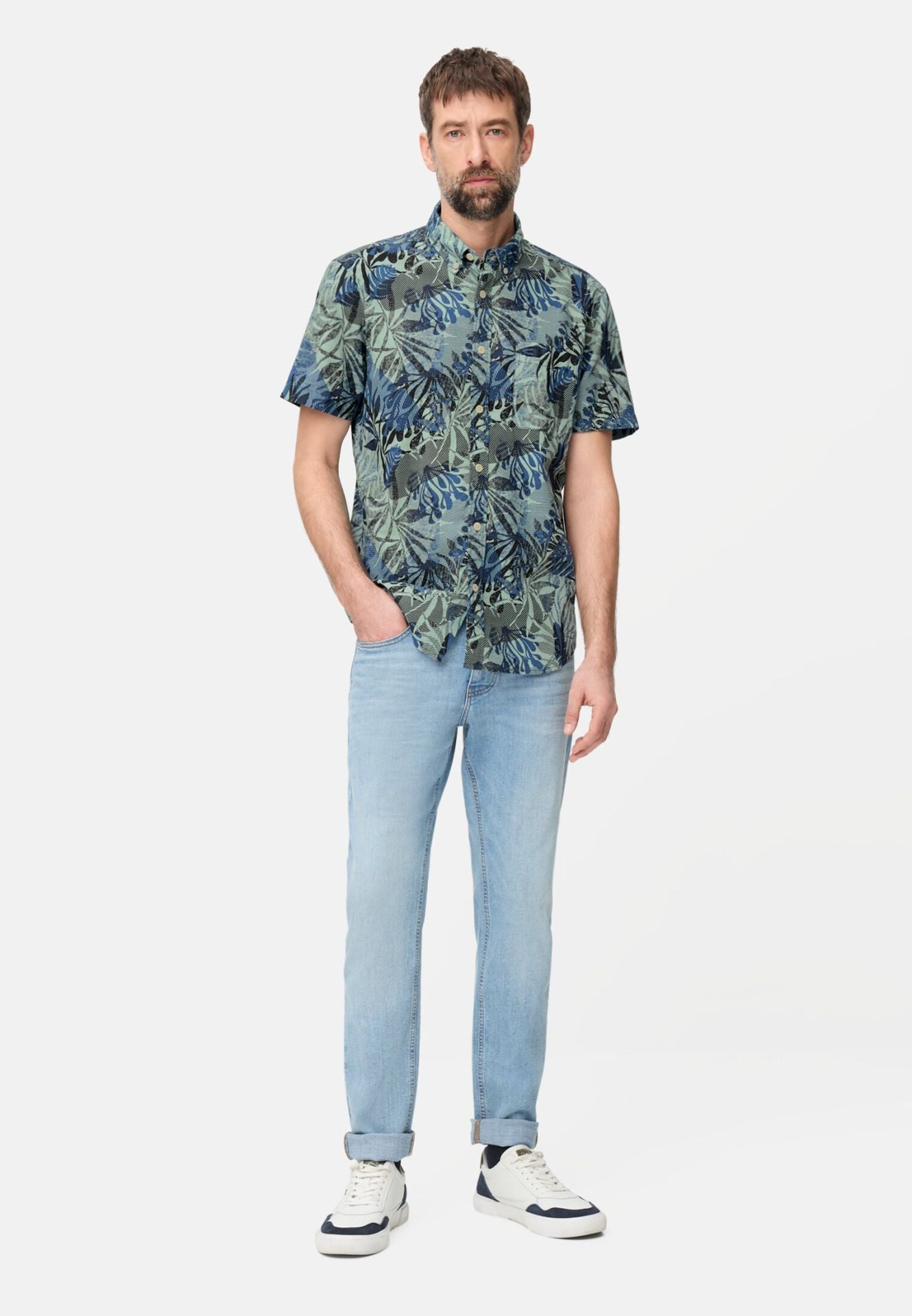 Camel Active miesten lyhythihainen kauluspaita Print SS Shirt LOS, sininen kuosi