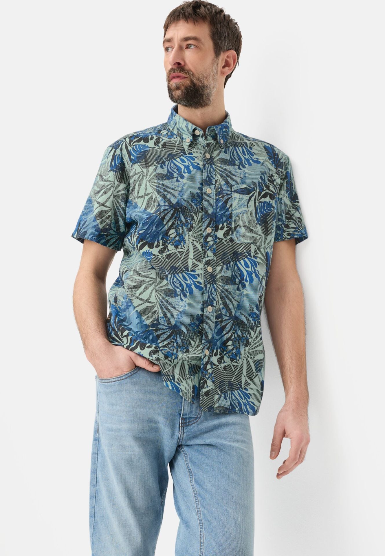 Camel Active miesten lyhythihainen kauluspaita Print SS Shirt LOS, sininen kuosi