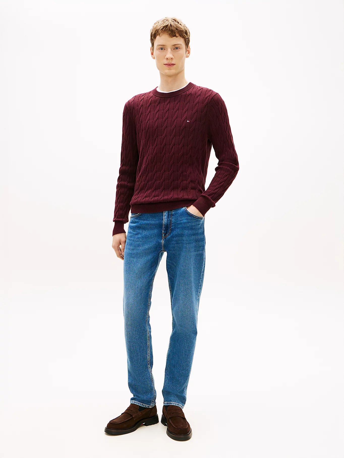 Tommy Hilfiger miesten neulepaita Classic Cotton Cable Crew Neck, viininpunainen