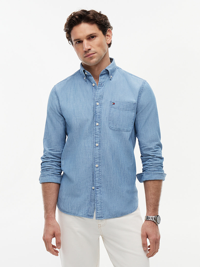 Tommy Hilfiger miesten kauluspaita Chambray Pocket RF Shirt, sininen