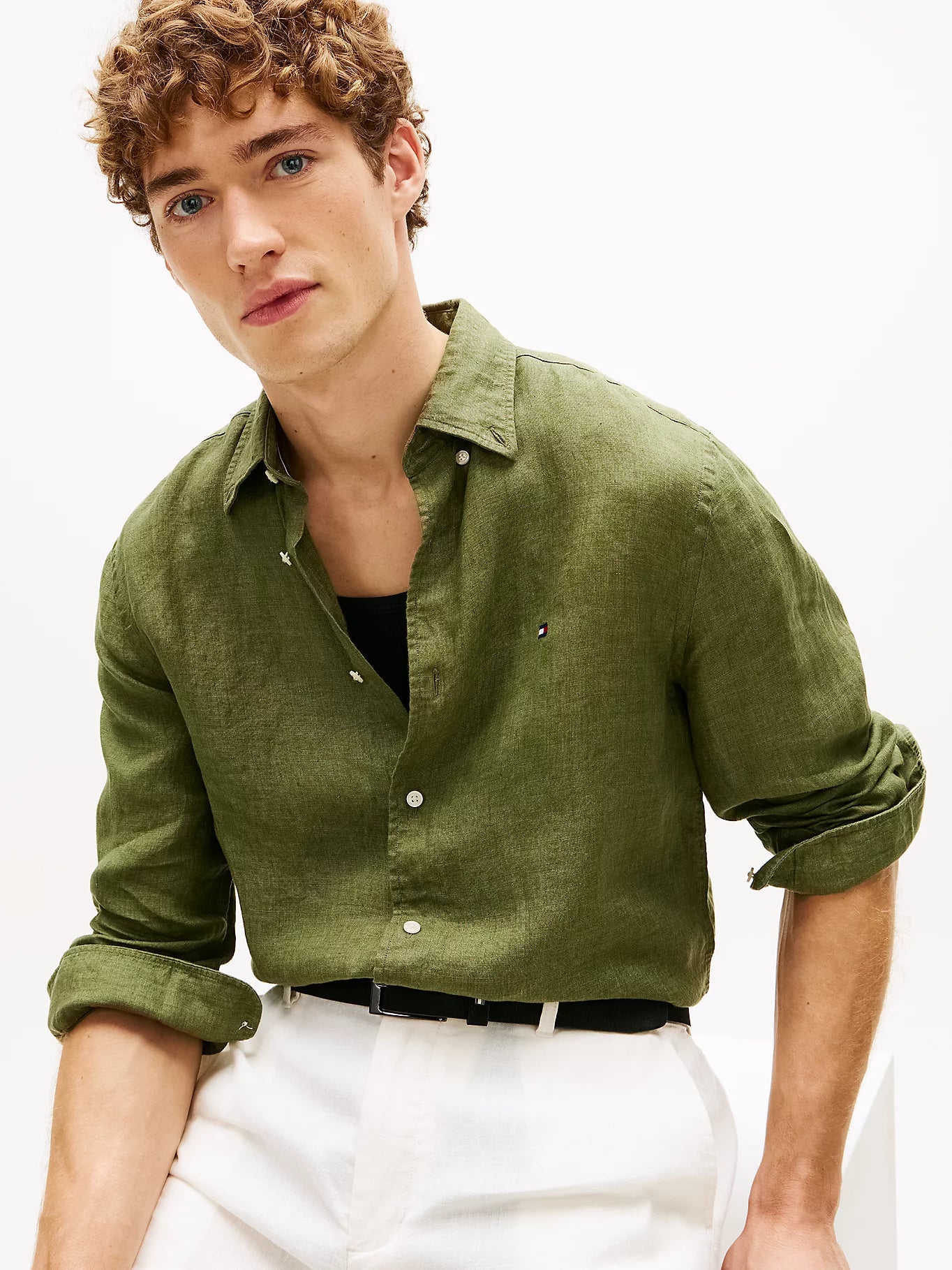 Tommy Hilfiger miesten Kauluspaita Pigment Dyed Linen Solid RF Shirt, tummanvihreä