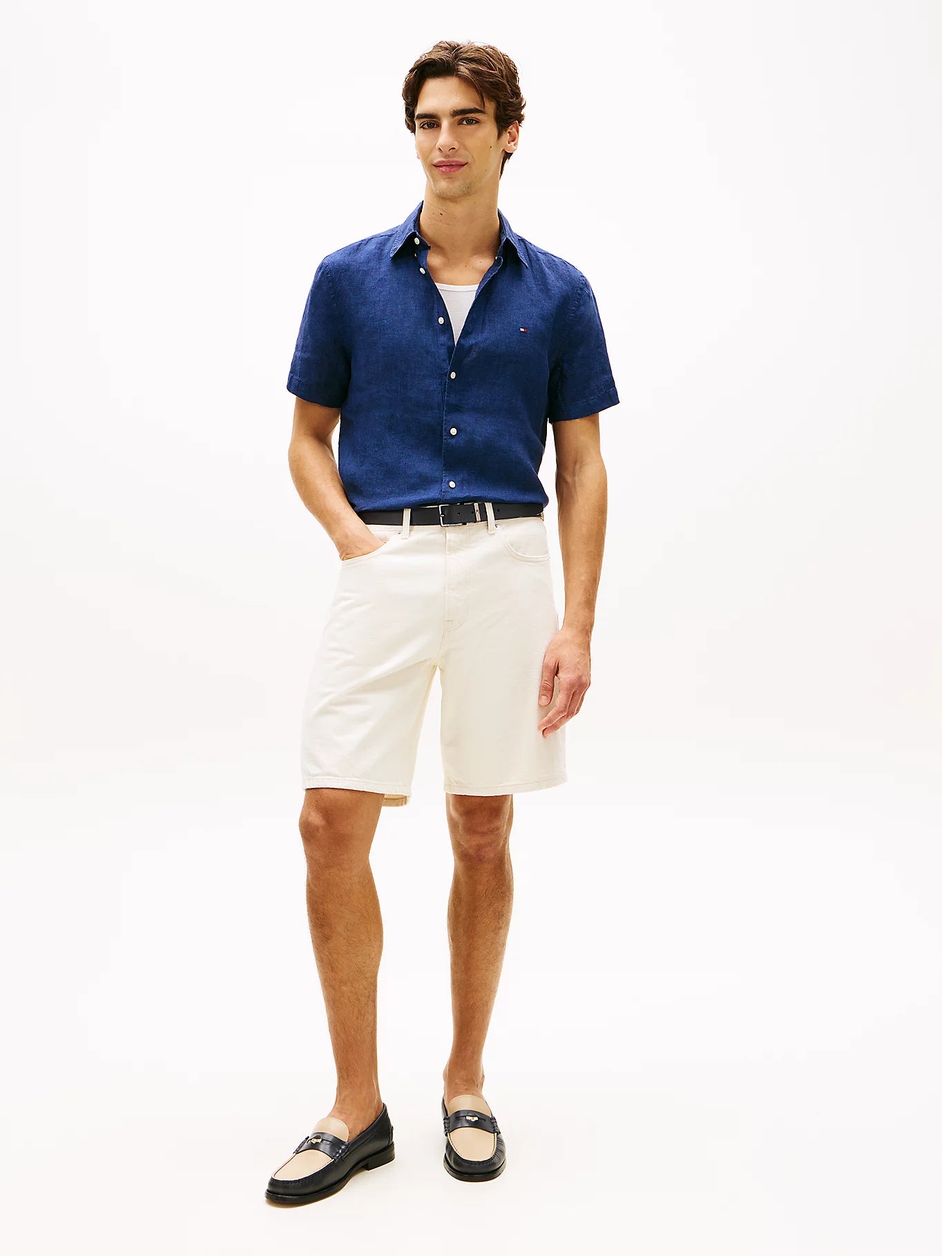 Tommy Hilfiger miesten lyhythihainen kauluspaita Pigment Dyed Linen RF Shirt SS, tummansininen