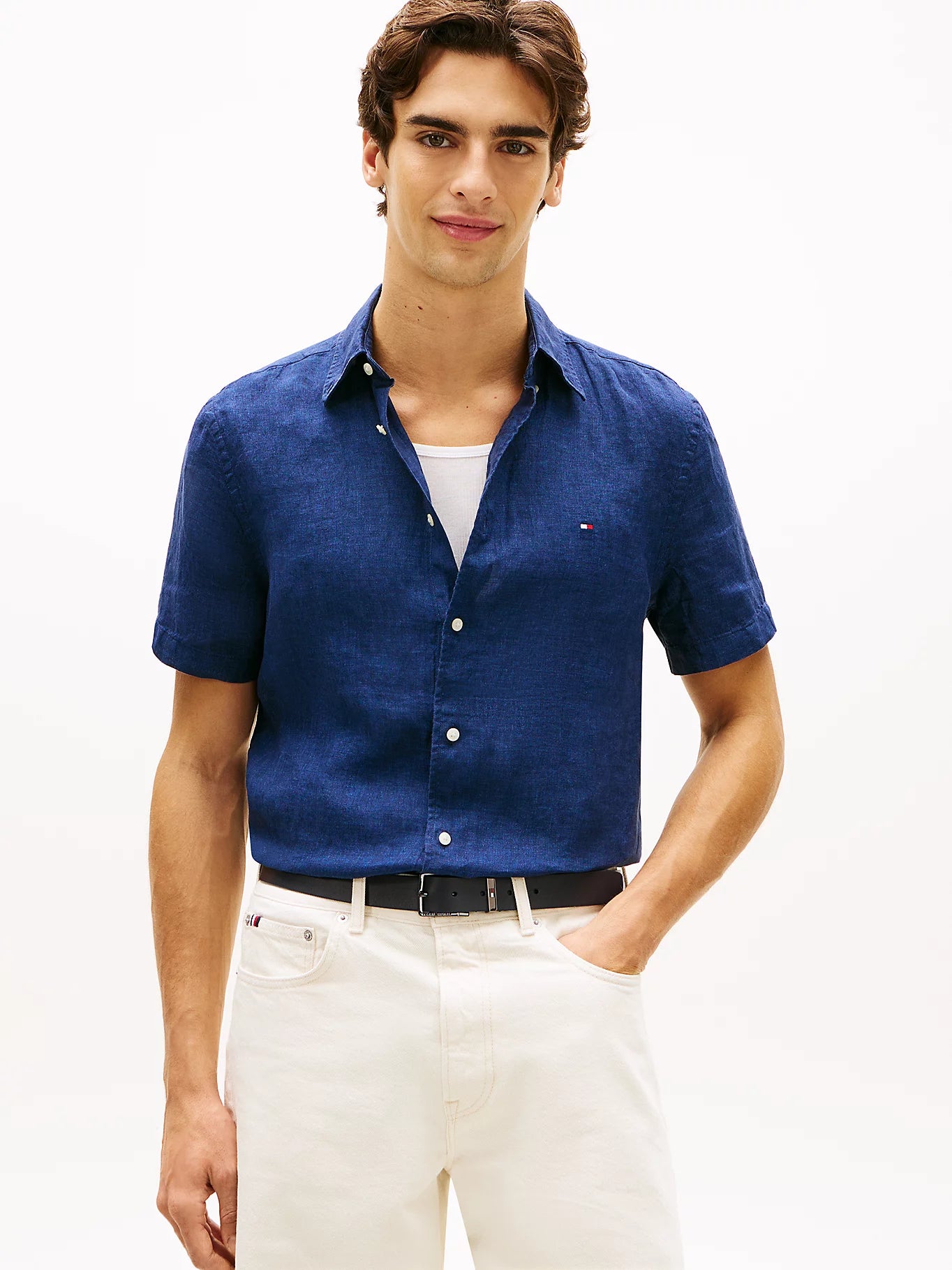 Tommy Hilfiger miesten lyhythihainen kauluspaita Pigment Dyed Linen RF Shirt SS, tummansininen