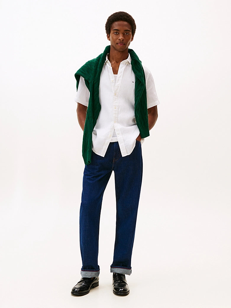 Tommy Hilfiger miesten lyhythihainen kauluspaita Pigment Dyed Linen RF Shirt, valkoinen