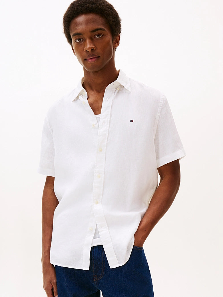 Tommy Hilfiger miesten lyhythihainen kauluspaita Pigment Dyed Linen RF Shirt, valkoinen