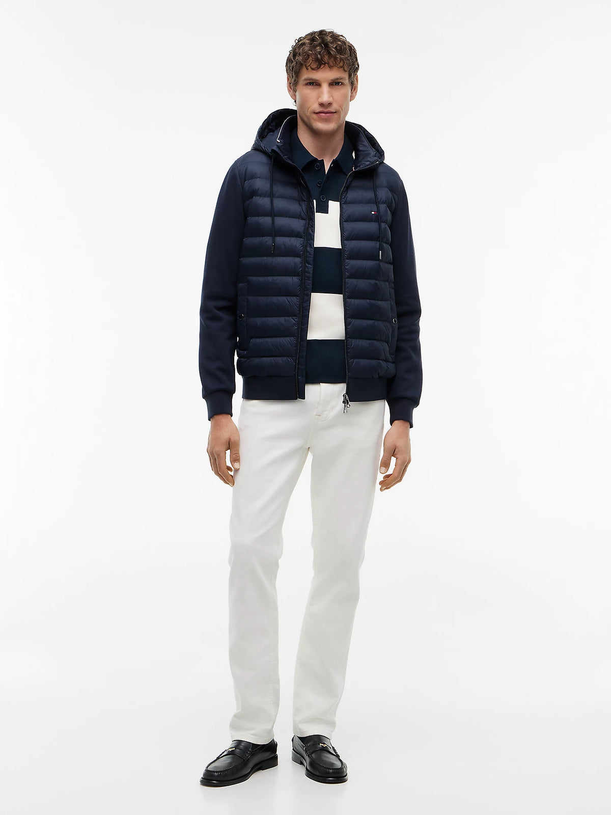 Tommy Hilfiger miesten hybriditakki Mixed Texture Zip-Thru Hooded Sweatshirt, tummansininen