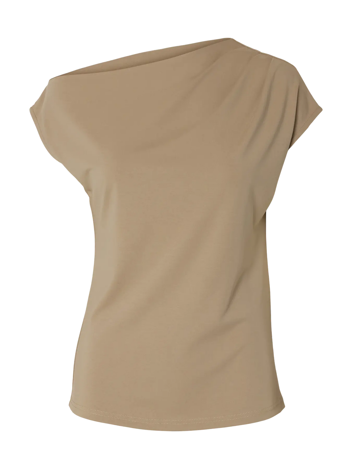 Selected Femme naisten toppi SLFMOLLY SS Top, Weathered Teak, ruskeanbeige pehmeäpintainen toppi, epäsymmetrinen pääntie, lyhyet hihat ja suora leikkaus