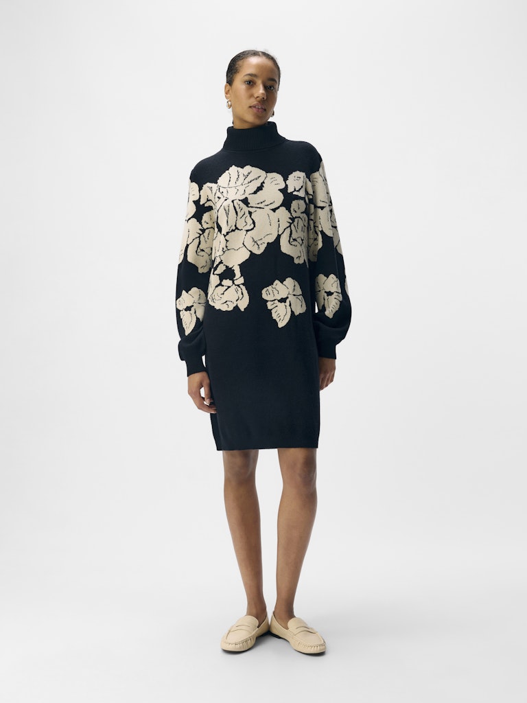 Object naisten neulemekko Ray L/S Knit Rollneck Dress, Black Sandshell flow