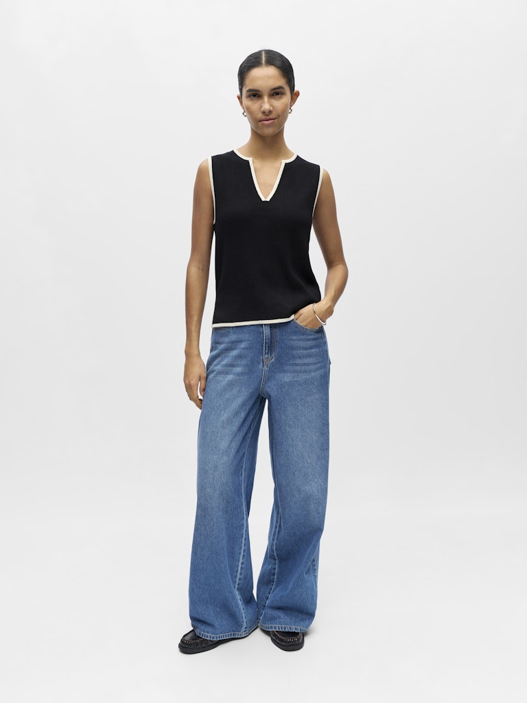 Object naisten toppi OBJVIVA S/L Re V-Neck Knit Top, Black Birch constras