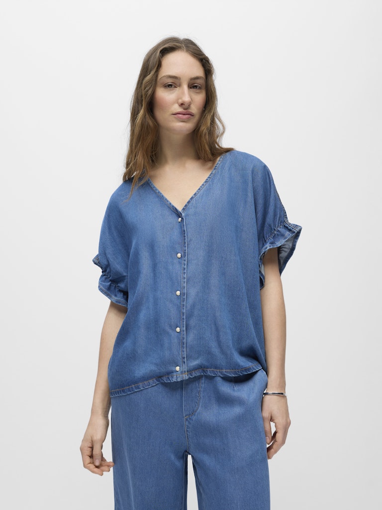 Object naisten pusero OBJFRAME 2/4 V-Neck RE Top, Medium Blue Denim