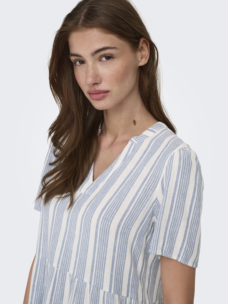 Only naisten mekko ONLTiri-Goa SS V-Neck Lin Dress, raidallinen sininen